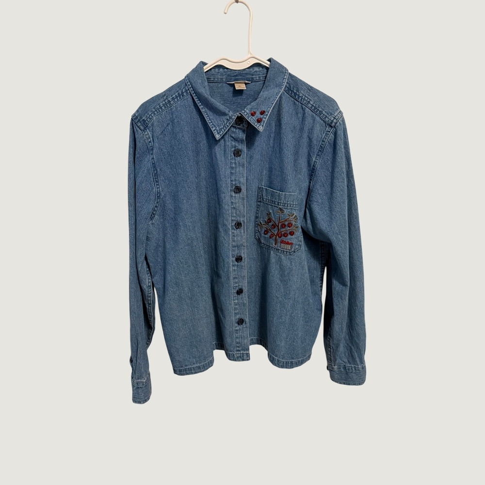 Christopher & Banks Denim Button Down Shirt Blue Embroidered Apple Heart XL